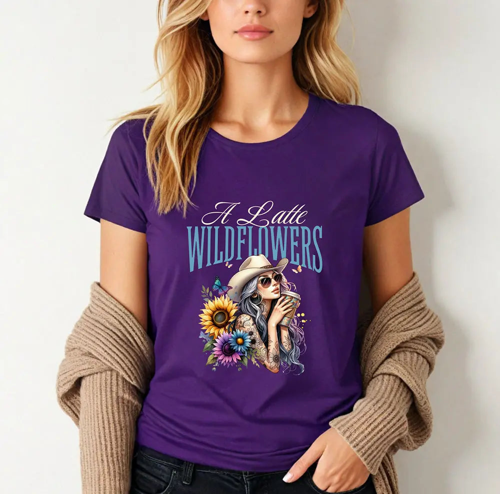 Women's Cowgirl Tee — 'A Latte Wildflowers' Cowboy Hat Coffee Sunflowers Design Printify