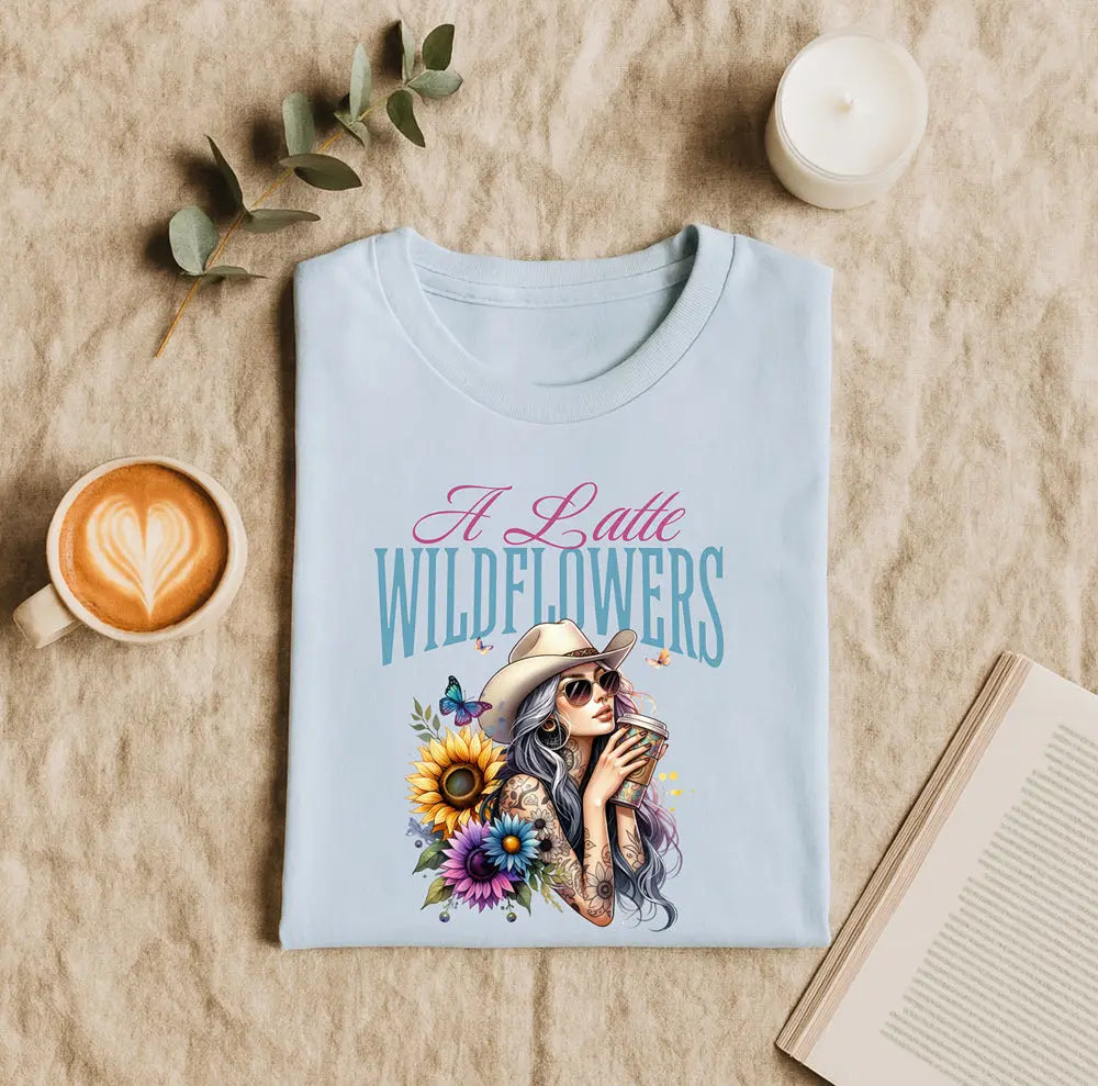 Women's Cowgirl Tee — 'A Latte Wildflowers' Cowboy Hat Coffee Sunflowers Design Printify