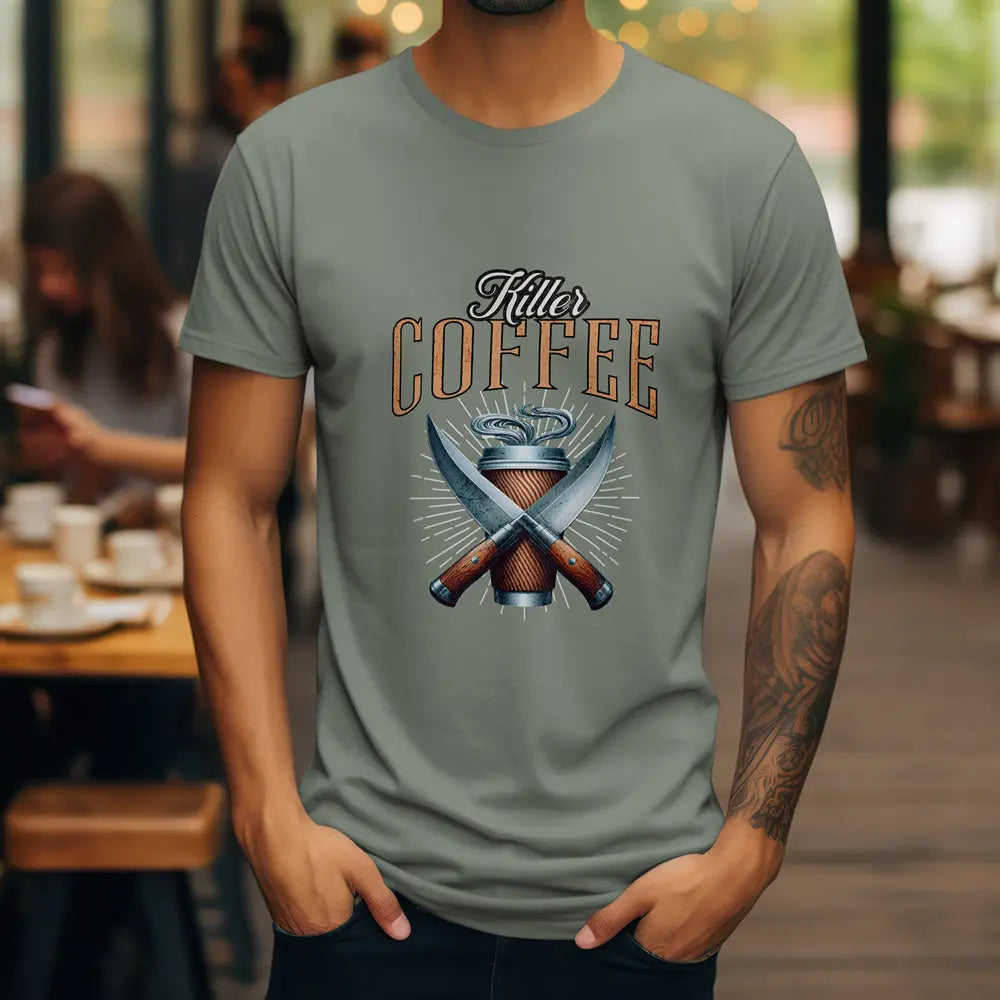 Killer Coffee T-Shirt — Crossed Knives & To-Go Cup Graphic Printify