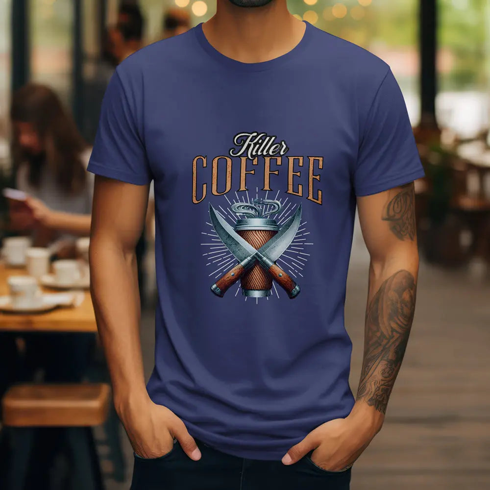 Killer Coffee T-Shirt — Crossed Knives & To-Go Cup Graphic Printify