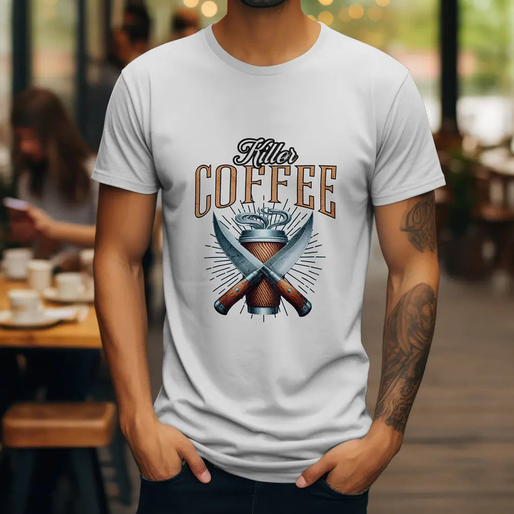 Killer Coffee T-Shirt — Crossed Knives & To-Go Cup Graphic Printify