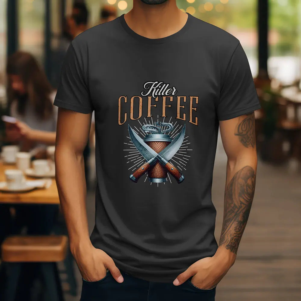Killer Coffee T-Shirt — Crossed Knives & To-Go Cup Graphic Printify