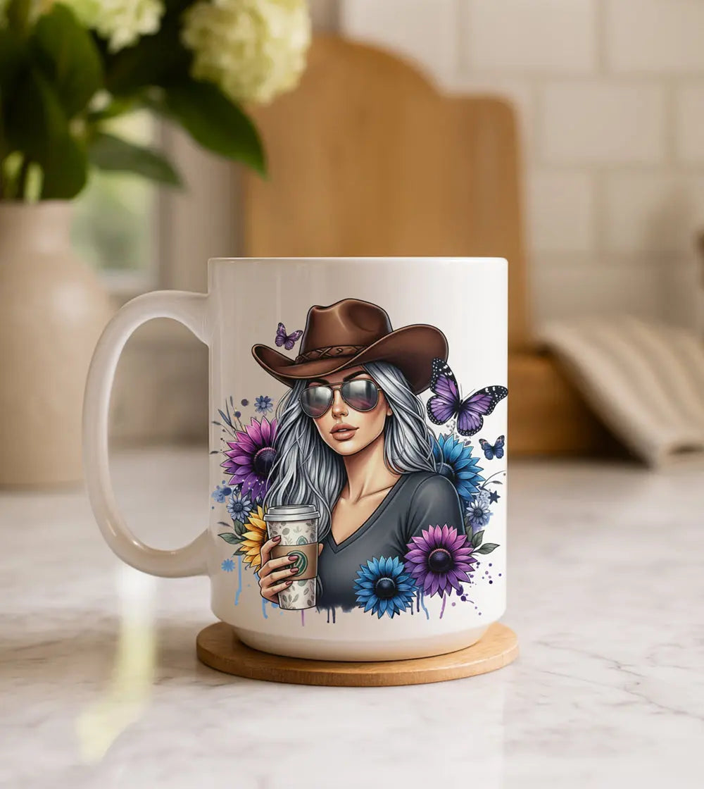 Cowgirl Sunflowers & Butterflies 15oz Ceramic Mug — Cowgirl Drinking Coffee Design Printify