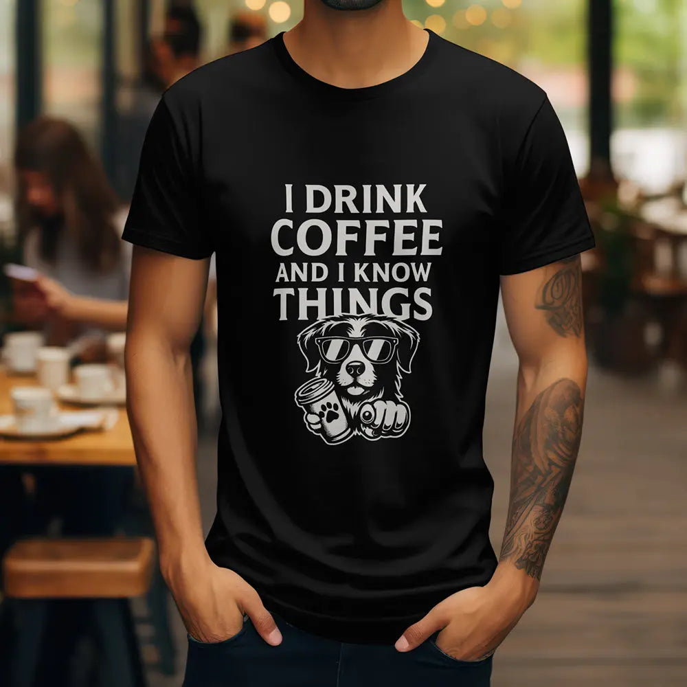 Coffee-Loving Dog T-Shirt — "I Drink Coffee and I Know Things" Printify