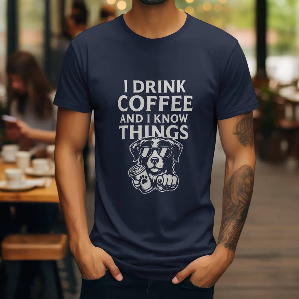 Coffee-Loving Dog T-Shirt — "I Drink Coffee and I Know Things" Printify