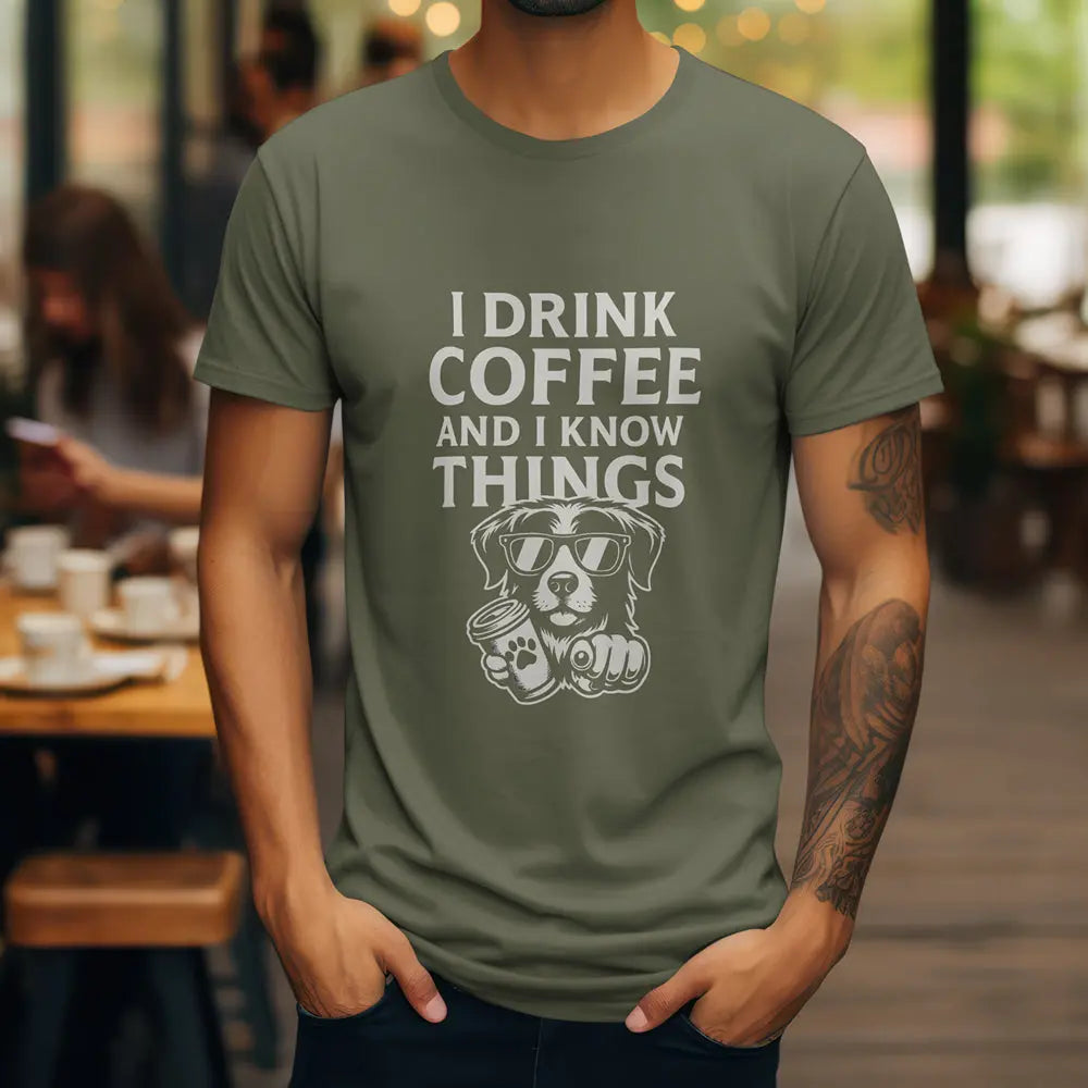 Coffee-Loving Dog T-Shirt — "I Drink Coffee and I Know Things" Printify