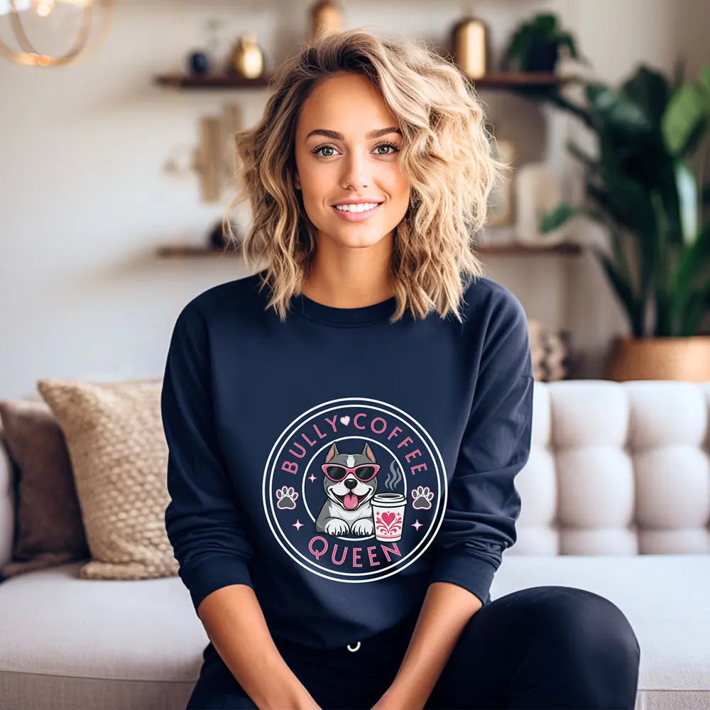 Bully Coffee Queen Sweatshirt — Pitbull with Pink Sunglasses & Coffee Graphic Printify