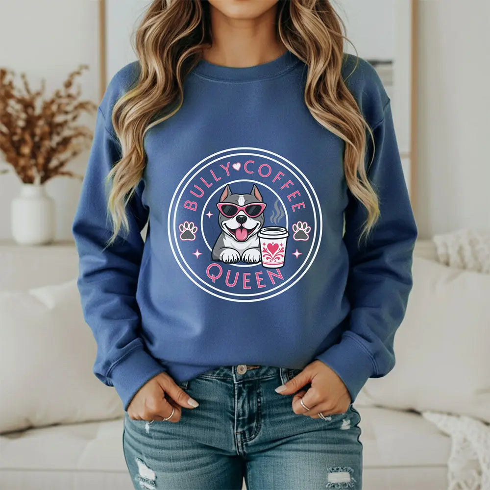 Bully Coffee Queen Sweatshirt — Pitbull with Pink Sunglasses & Coffee Graphic Printify