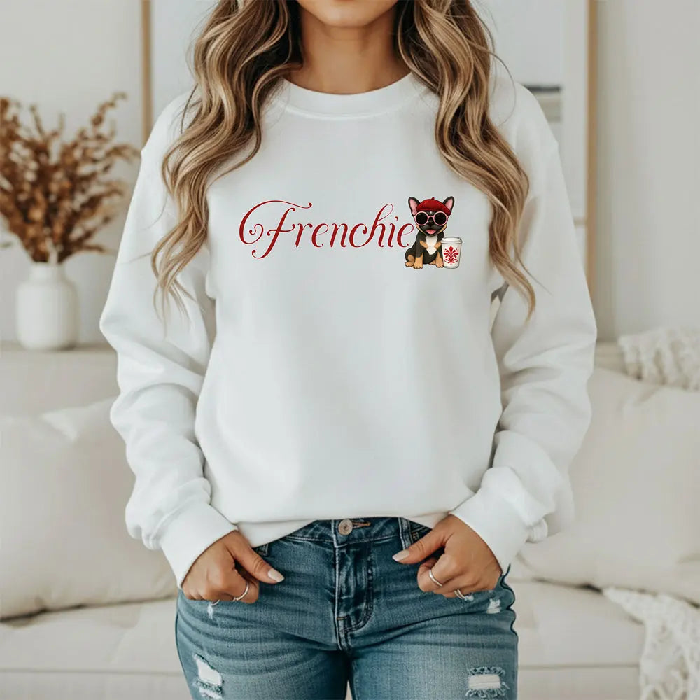 Frenchie Coffee Crewneck — Cute French Bulldog in Beret & Sunglasses Printify