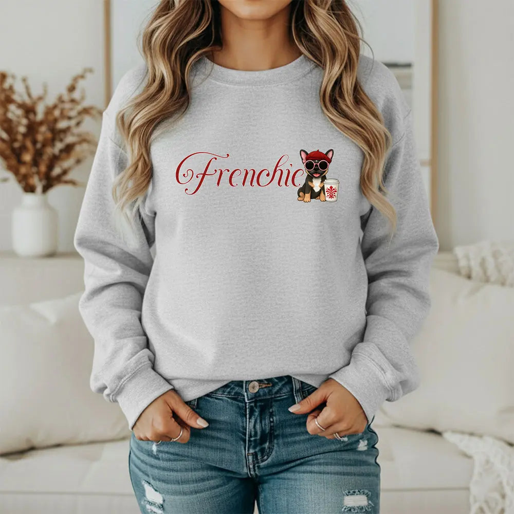 Frenchie Coffee Crewneck — Cute French Bulldog in Beret & Sunglasses Printify