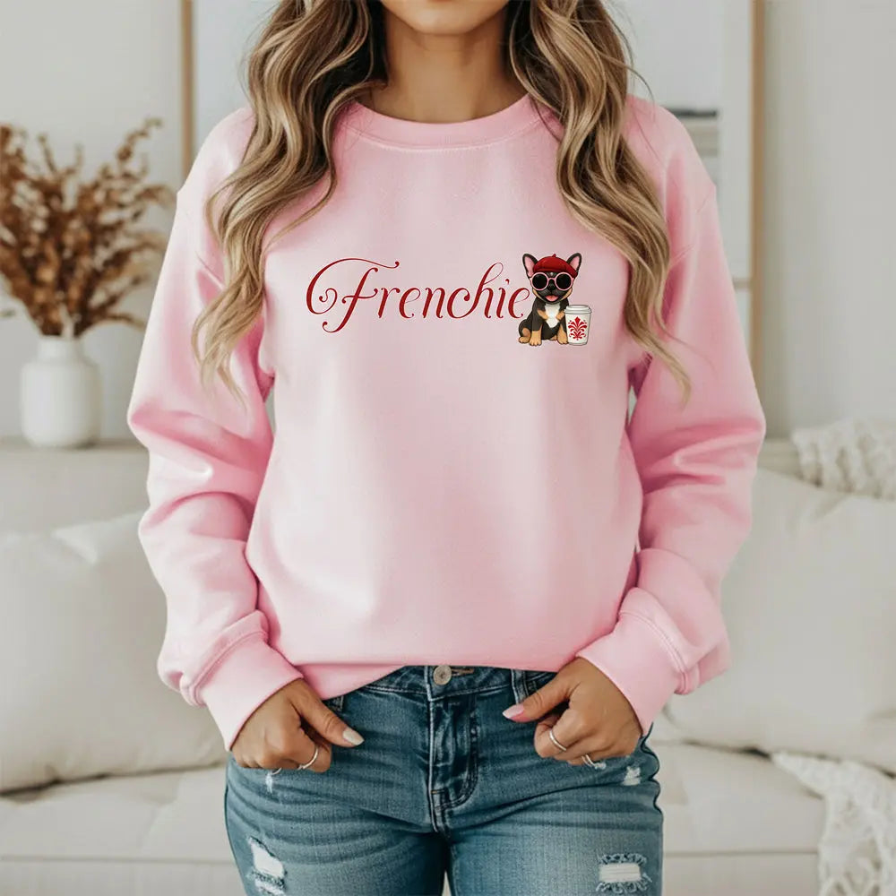 Frenchie Coffee Crewneck — Cute French Bulldog in Beret & Sunglasses Printify