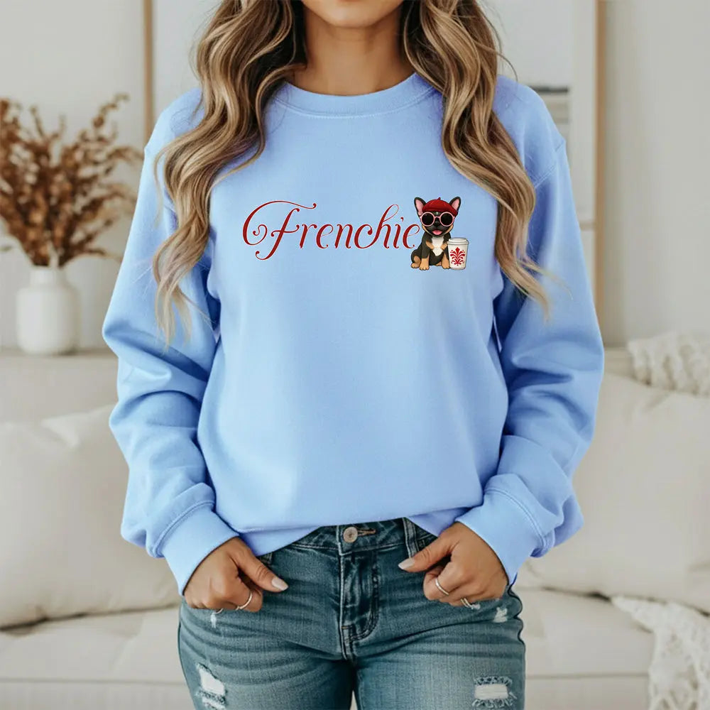 Frenchie Coffee Crewneck — Cute French Bulldog in Beret & Sunglasses Printify
