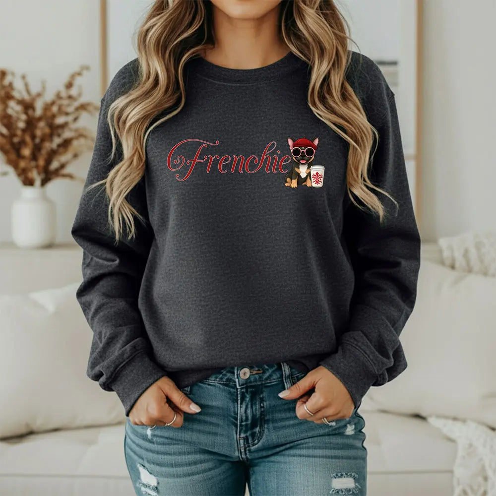 Frenchie Coffee Crewneck — Cute French Bulldog in Beret & Sunglasses Printify
