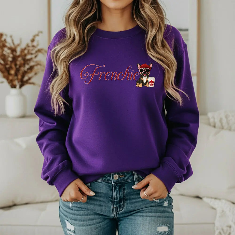Frenchie Coffee Crewneck — Cute French Bulldog in Beret & Sunglasses Printify