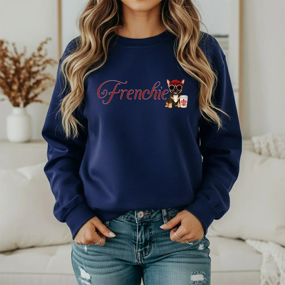 Frenchie Coffee Crewneck — Cute French Bulldog in Beret & Sunglasses Printify