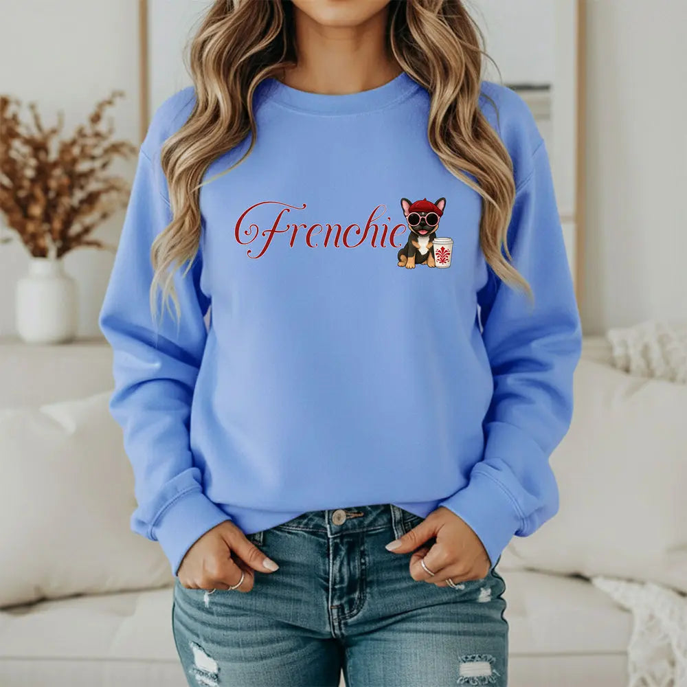 Frenchie Coffee Crewneck — Cute French Bulldog in Beret & Sunglasses Printify
