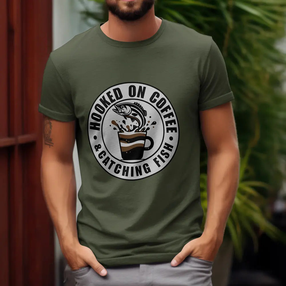 Hooked on Coffee & Catching Fish T‑Shirt – Fishing & Coffee Lover Tee Printify