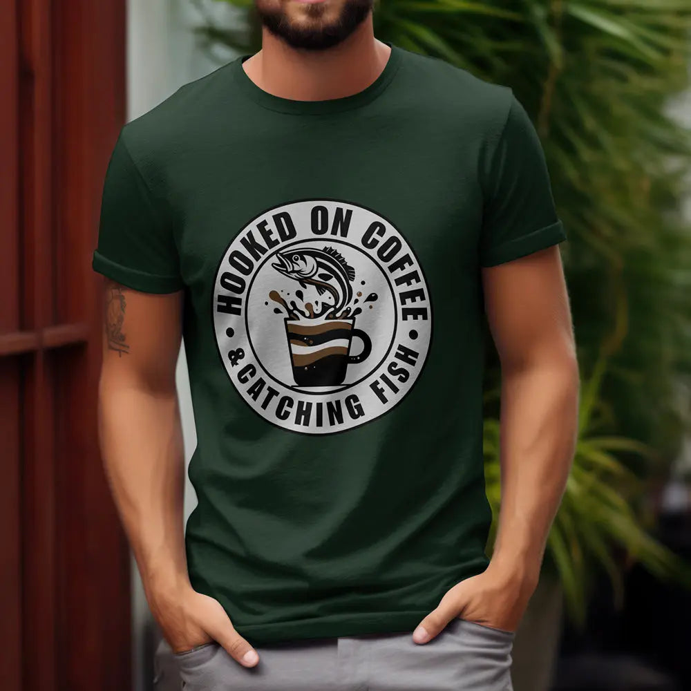 Hooked on Coffee & Catching Fish T‑Shirt – Fishing & Coffee Lover Tee Printify