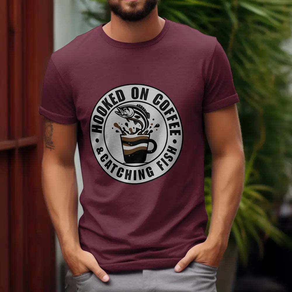 Hooked on Coffee & Catching Fish T‑Shirt – Fishing & Coffee Lover Tee Printify