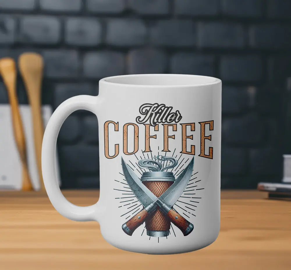 Killer Coffee Mug — 'Killer Coffee' Coffee Cup with Crossed Knives (15oz) Printify
