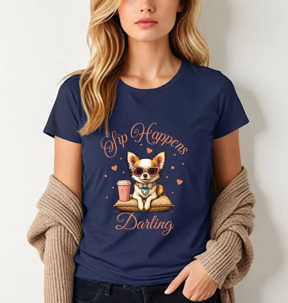 Sip Happens Darling Tee — Cute Chihuahua Coffee Women's T‑Shirt Printify