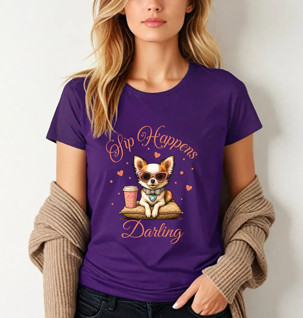Sip Happens Darling Tee — Cute Chihuahua Coffee Women's T‑Shirt Printify