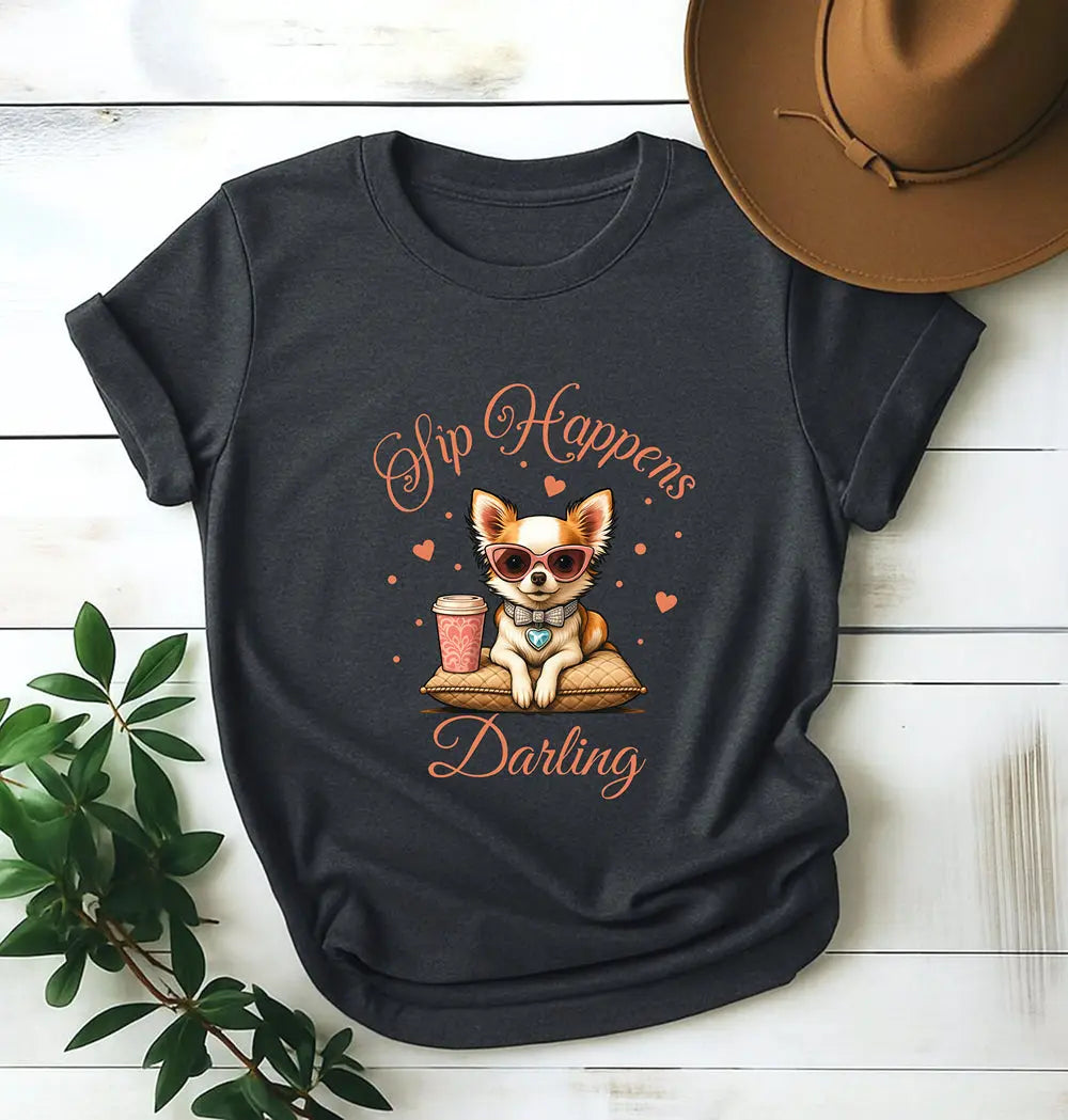 Sip Happens Darling Tee — Cute Chihuahua Coffee Women's T‑Shirt Printify