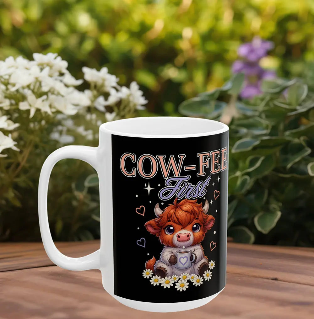 Cow fee First Mug – Cute Cow Illustration with hearts and daisies, 'Coffee Cow' Ceramic Mug (15oz) Printify