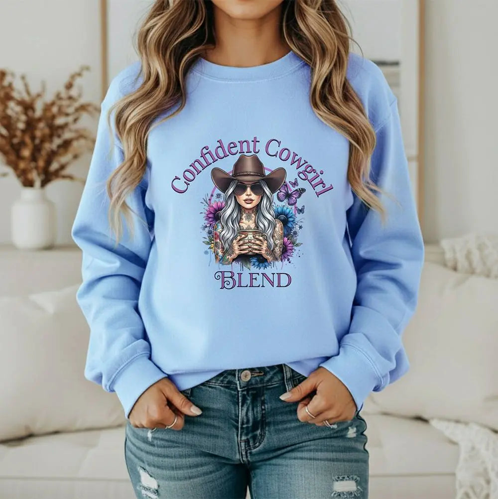 Confident Cowgirl Sweatshirt — Floral Western Coffee Blend Graphic Shirt Printify