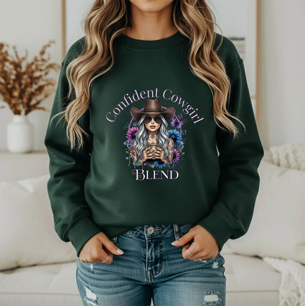 Confident Cowgirl Sweatshirt — Floral Western Coffee Blend Graphic Shirt Printify