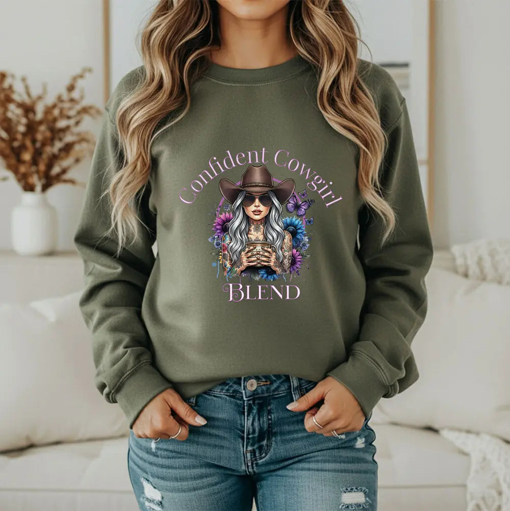 Confident Cowgirl Sweatshirt — Floral Western Coffee Blend Graphic Shirt Printify