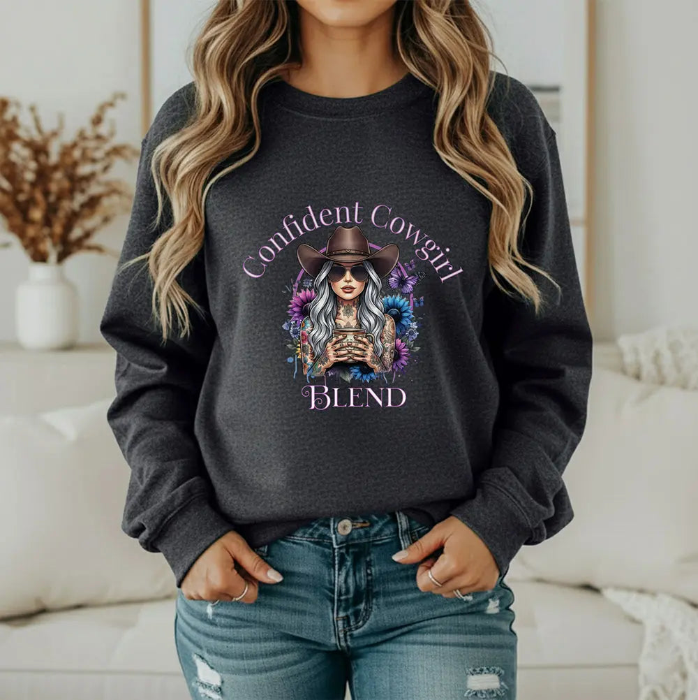 Confident Cowgirl Sweatshirt — Floral Western Coffee Blend Graphic Shirt Printify