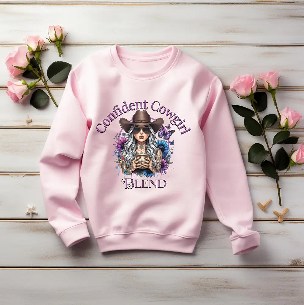 Confident Cowgirl Sweatshirt — Floral Western Coffee Blend Graphic Shirt Printify