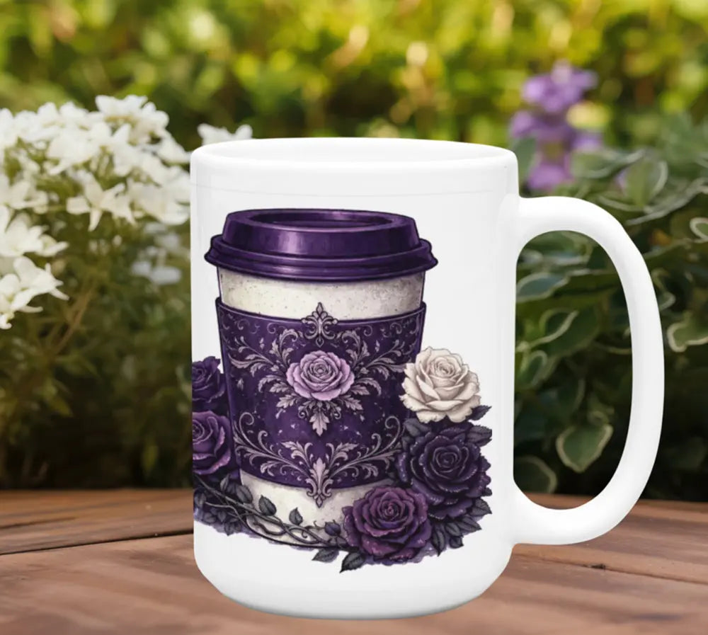 Gothic Purple Rose Coffee Mug (15oz) — Dark Floral Ceramic Coffee Cup - Boldly Bitter Company