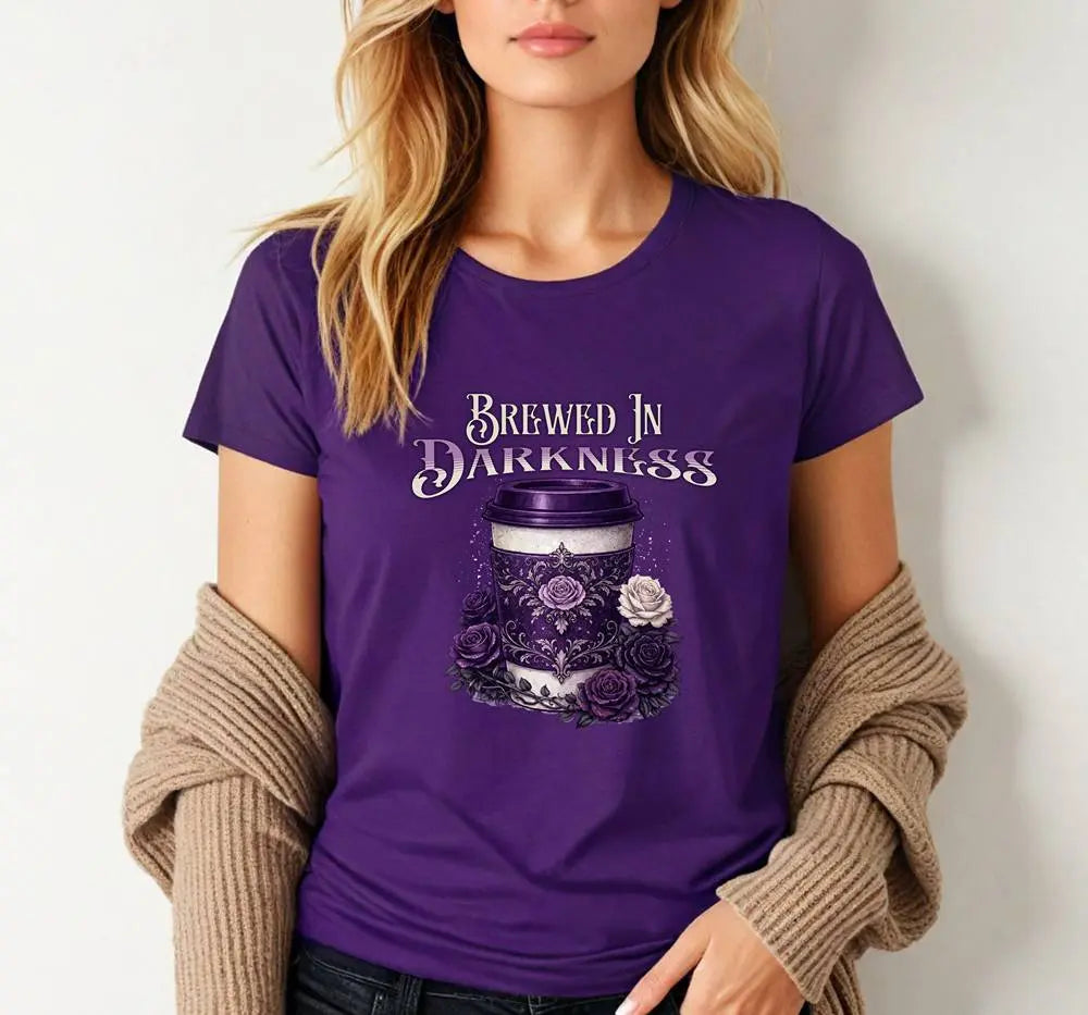 Brewed In Darkness Tee — Gothic Coffee Cup Floral Design Printify