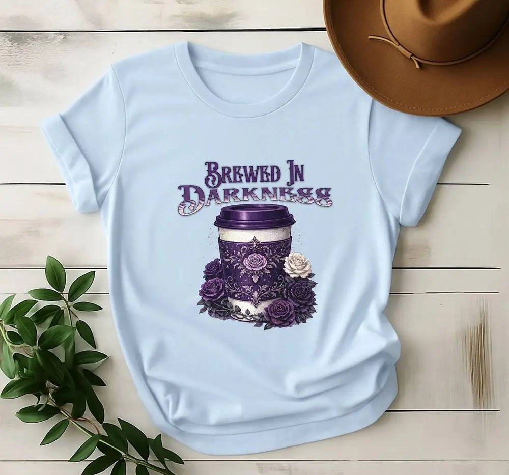 Brewed In Darkness Tee — Gothic Coffee Cup Floral Design Printify
