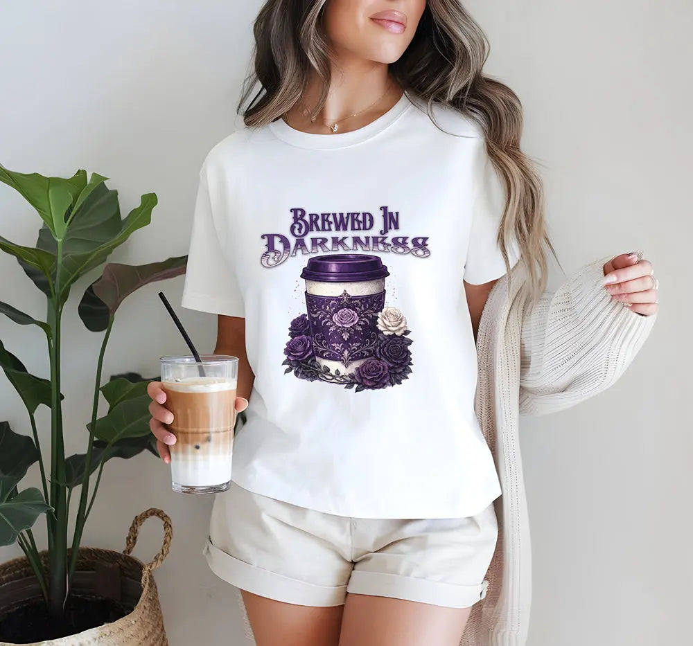 Brewed In Darkness Tee — Gothic Coffee Cup Floral Design Printify