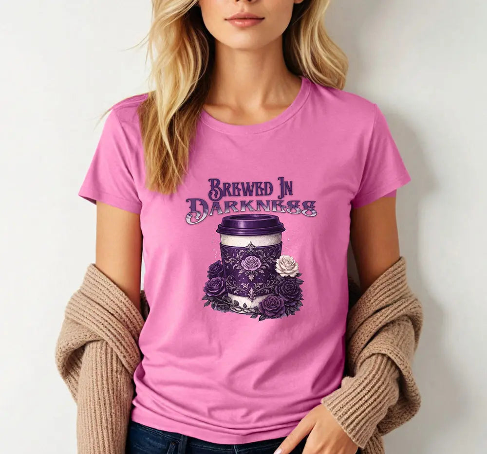 Brewed In Darkness Tee — Gothic Coffee Cup Floral Design Printify