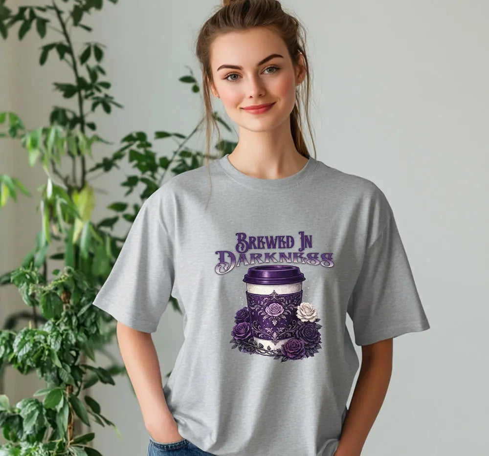 Brewed In Darkness Tee — Gothic Coffee Cup Floral Design Printify