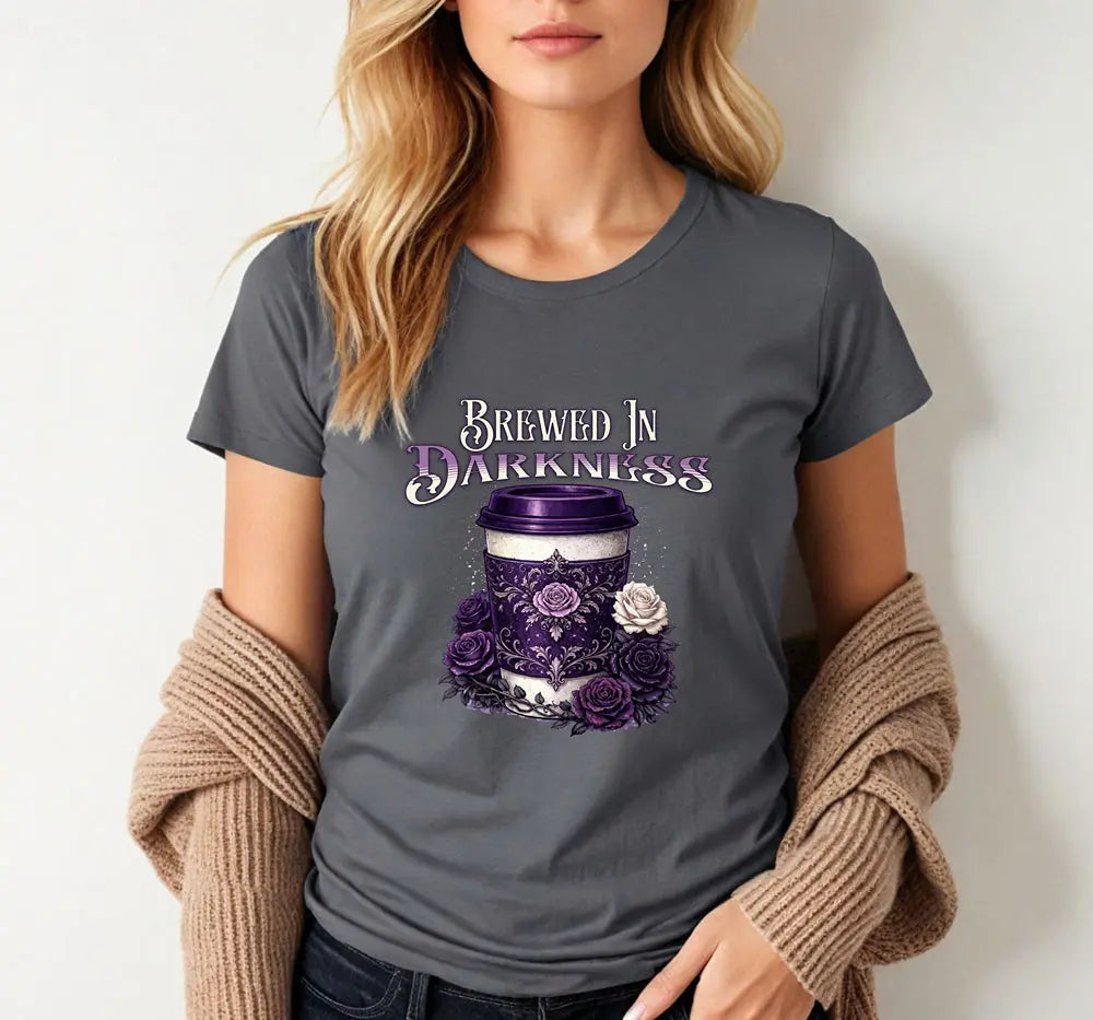 Brewed In Darkness Tee — Gothic Coffee Cup Floral Design Printify