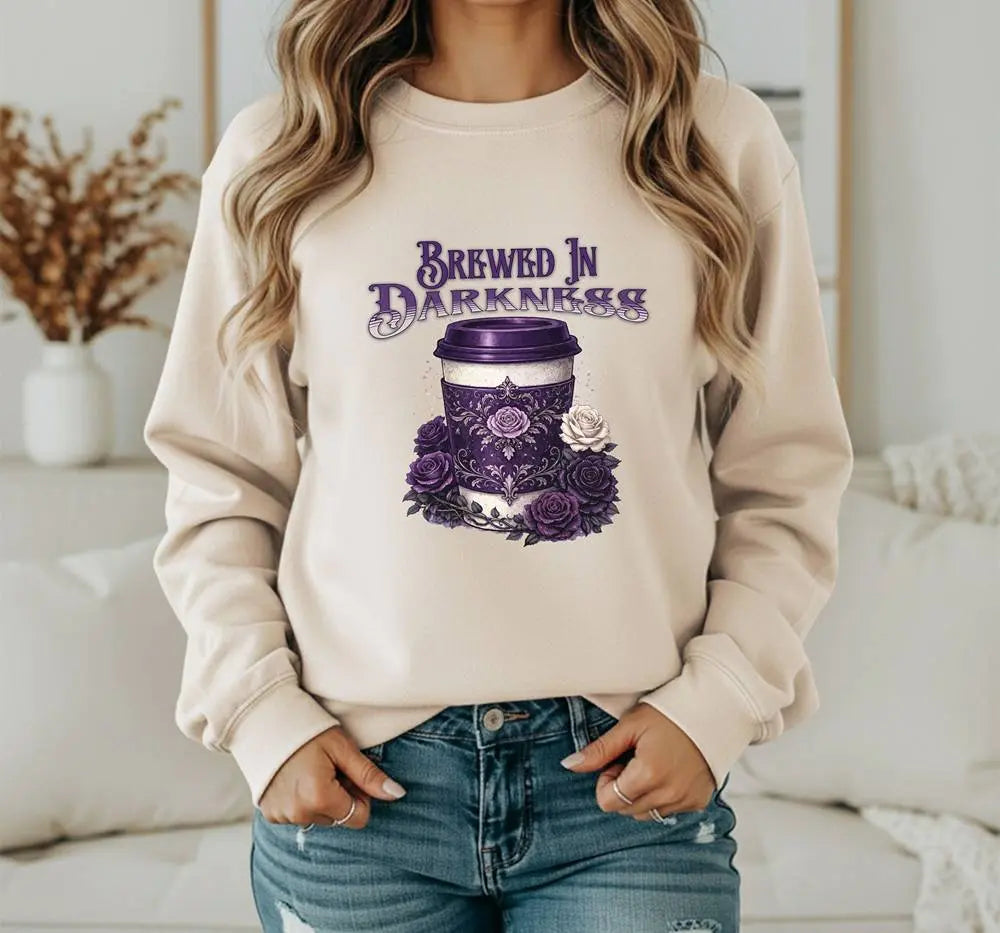 Brewed in Darkness Sweatshirt — Gothic Coffee Cup Graphic Printify