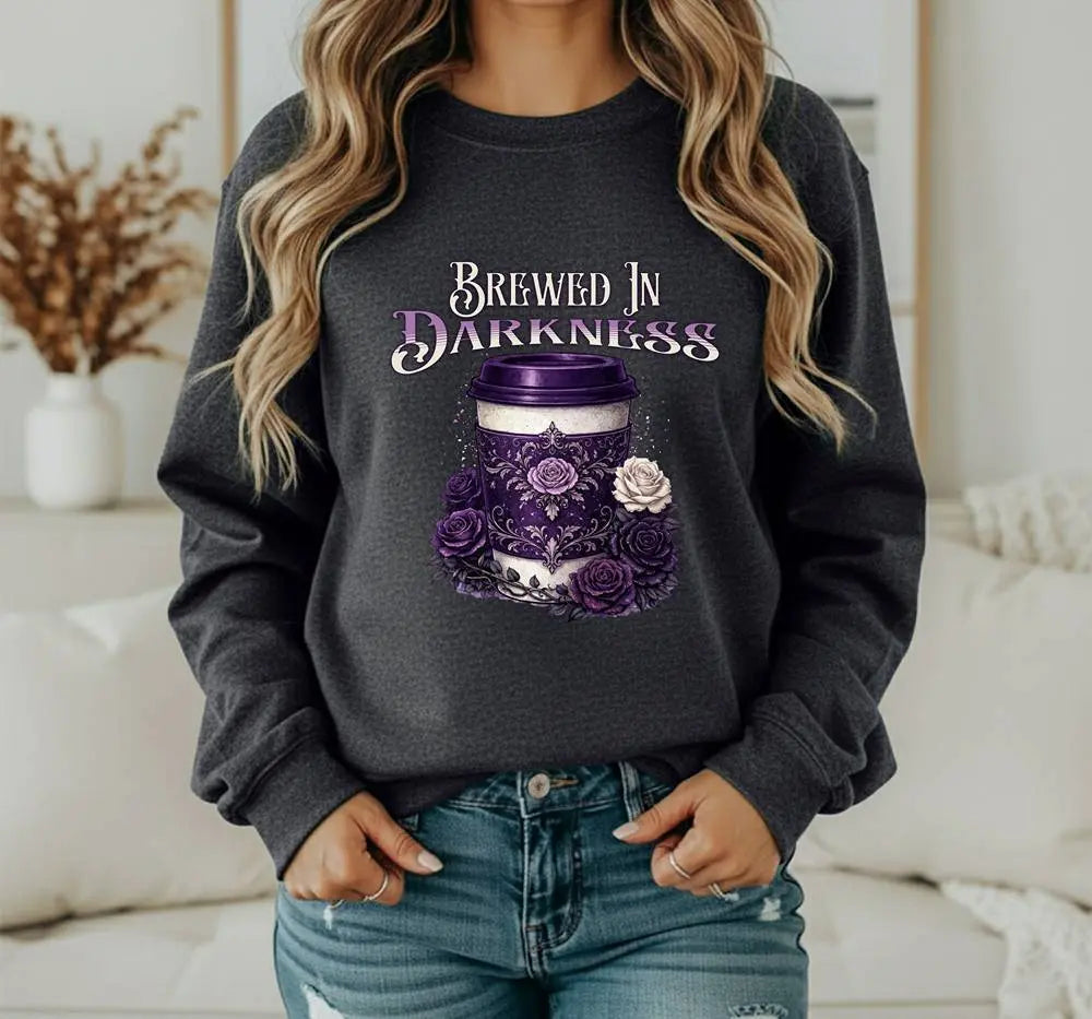 Brewed in Darkness Sweatshirt — Gothic Coffee Cup Graphic Printify