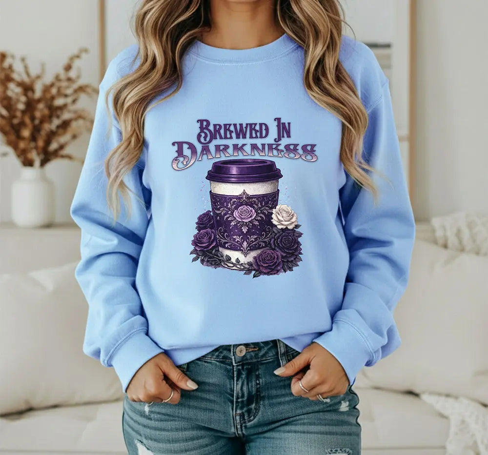 Brewed in Darkness Sweatshirt — Gothic Coffee Cup Graphic Printify