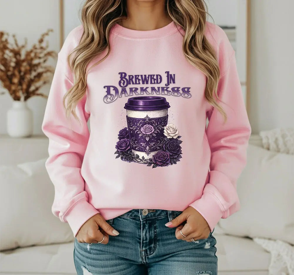 Brewed in Darkness Sweatshirt — Gothic Coffee Cup Graphic Printify