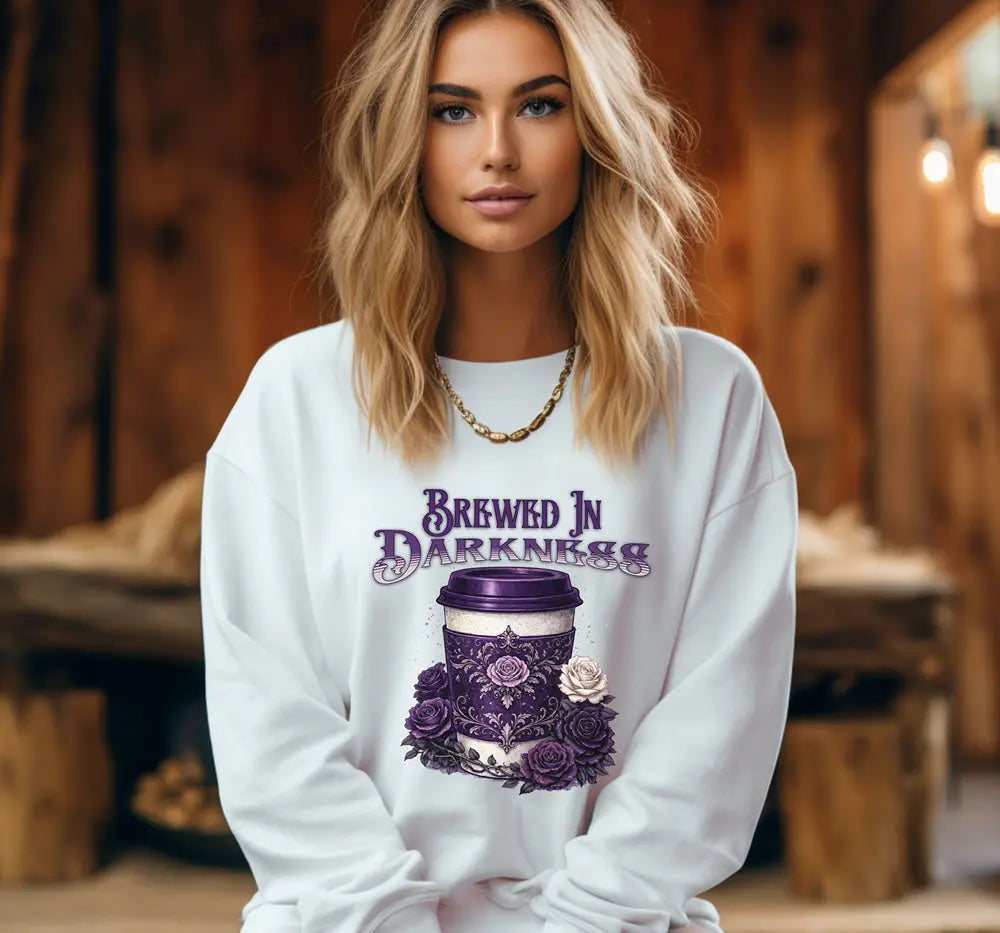 Brewed in Darkness Sweatshirt — Gothic Coffee Cup Graphic Printify