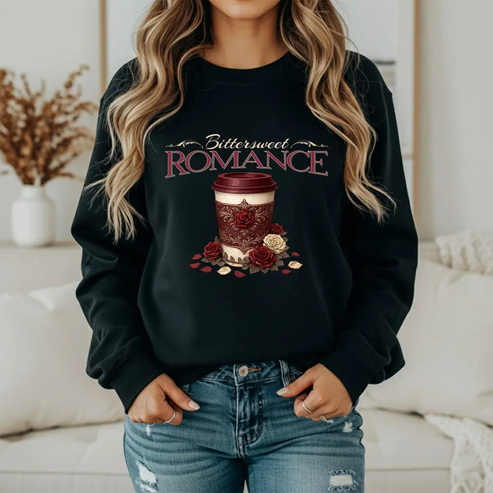 Bitterweet Romance Sweatshirt — Coffee & Roses Cozy Crewneck Printify