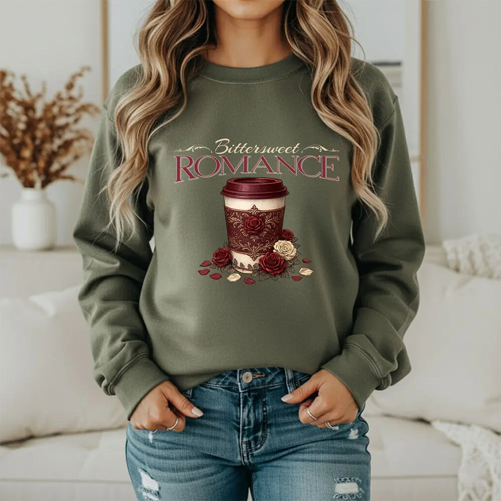 Bitterweet Romance Sweatshirt — Coffee & Roses Cozy Crewneck Printify