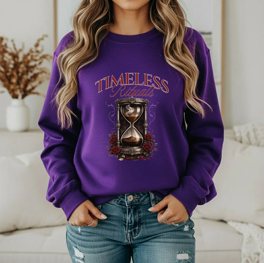 Timeless Rituals Hourglass Crewneck Sweatshirt — Gothic Vintage Rose Graphic Printify