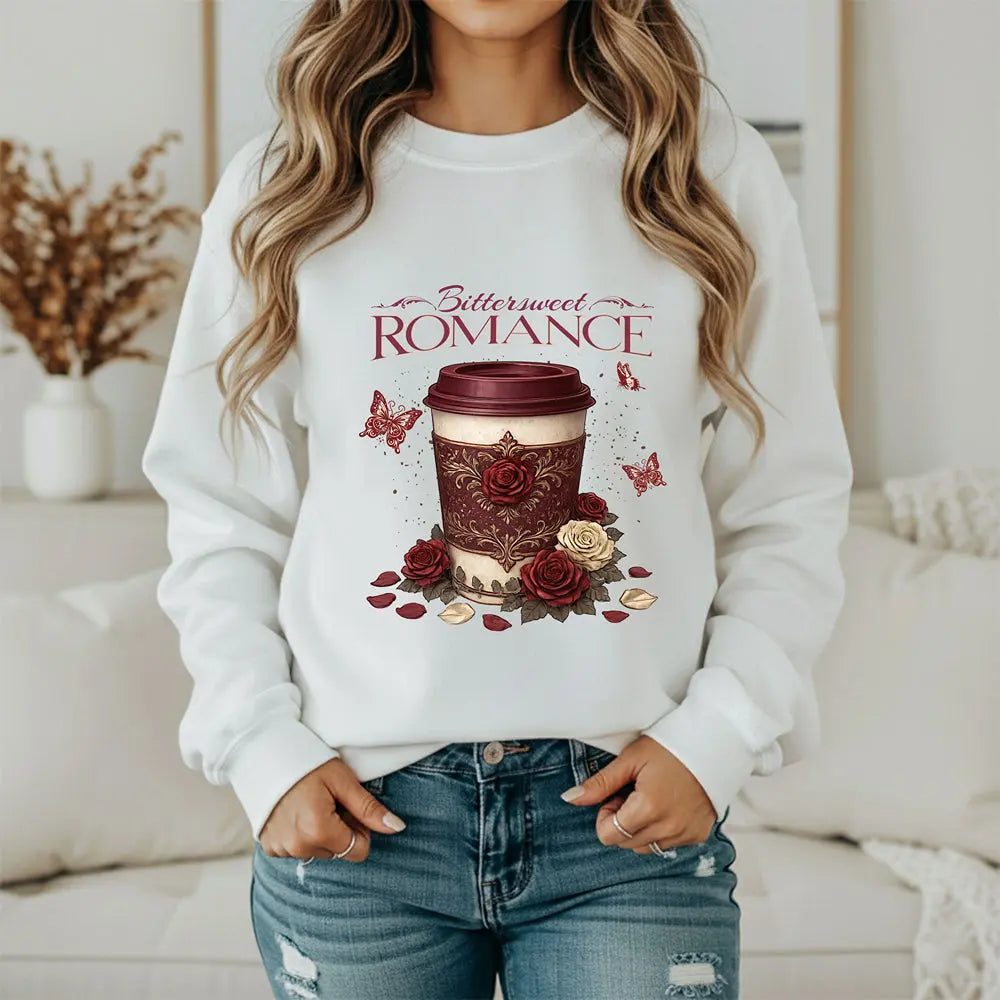 Bitterweet Romance Sweatshirt — Coffee & Roses Cozy Crewneck Printify
