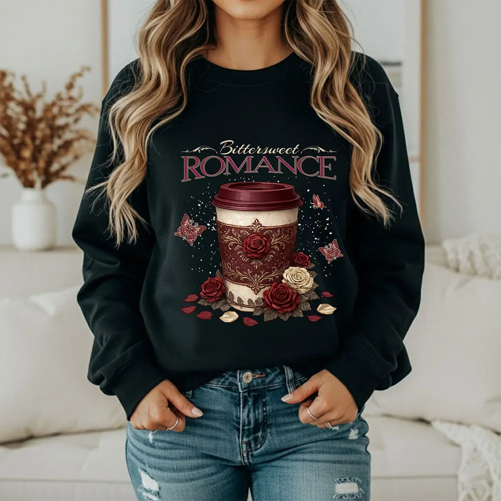 Bitterweet Romance Sweatshirt — Coffee & Roses Cozy Crewneck Printify